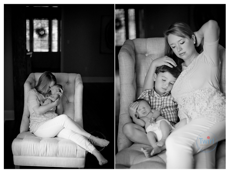Mom holding her newborn baby boy and her toddler boy as they snuggle in a chair at their New Olreans home.