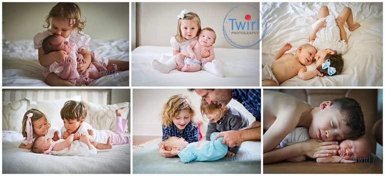 A series of photos of young siblings holding and kissing their newborn or baby sister and brother for newborn photos in New Orleans.