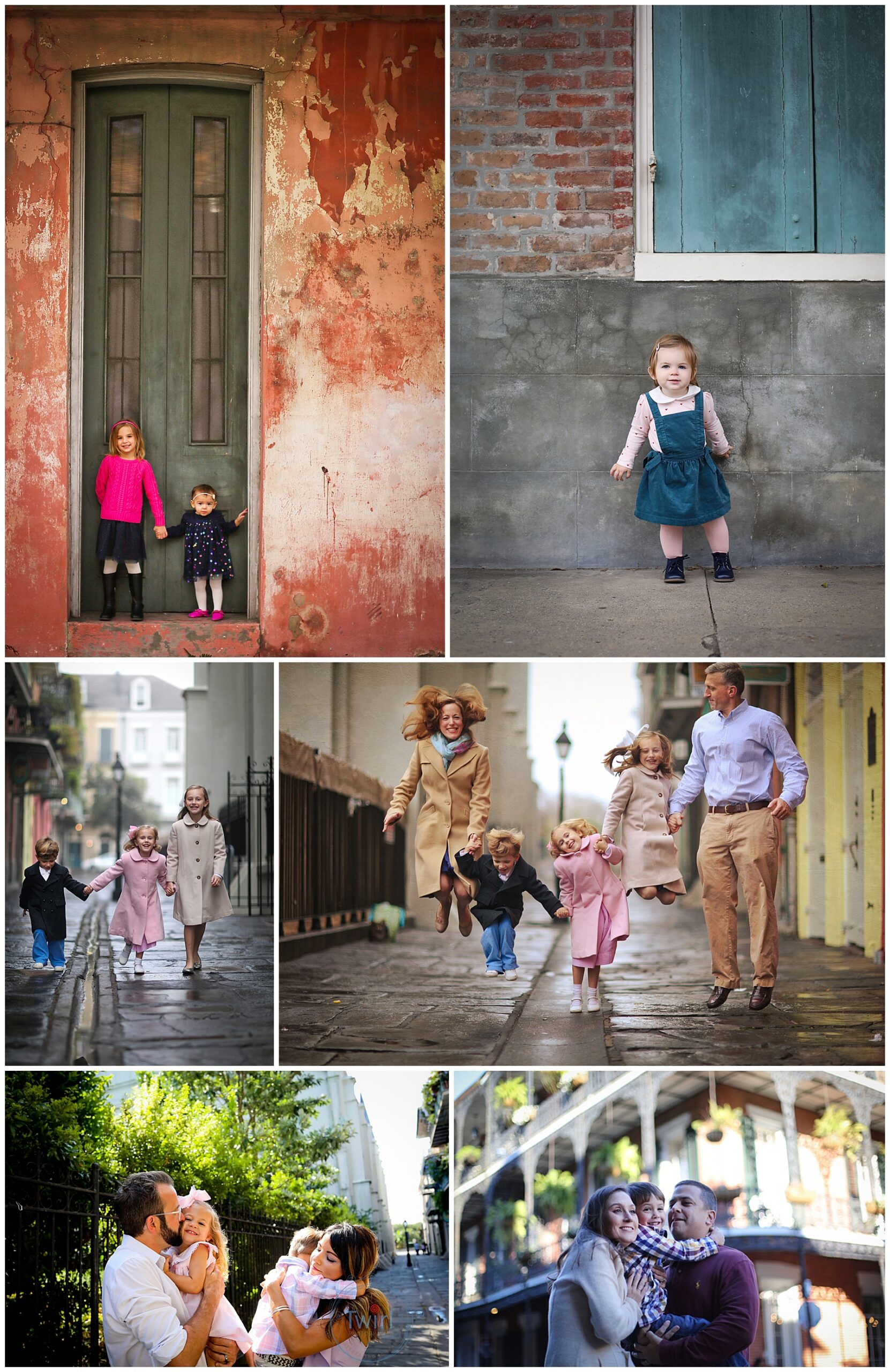 A family walking through the French Quarter for a location guide on the Best Spots in New Orleans for Family Photos by Twirl Photography.