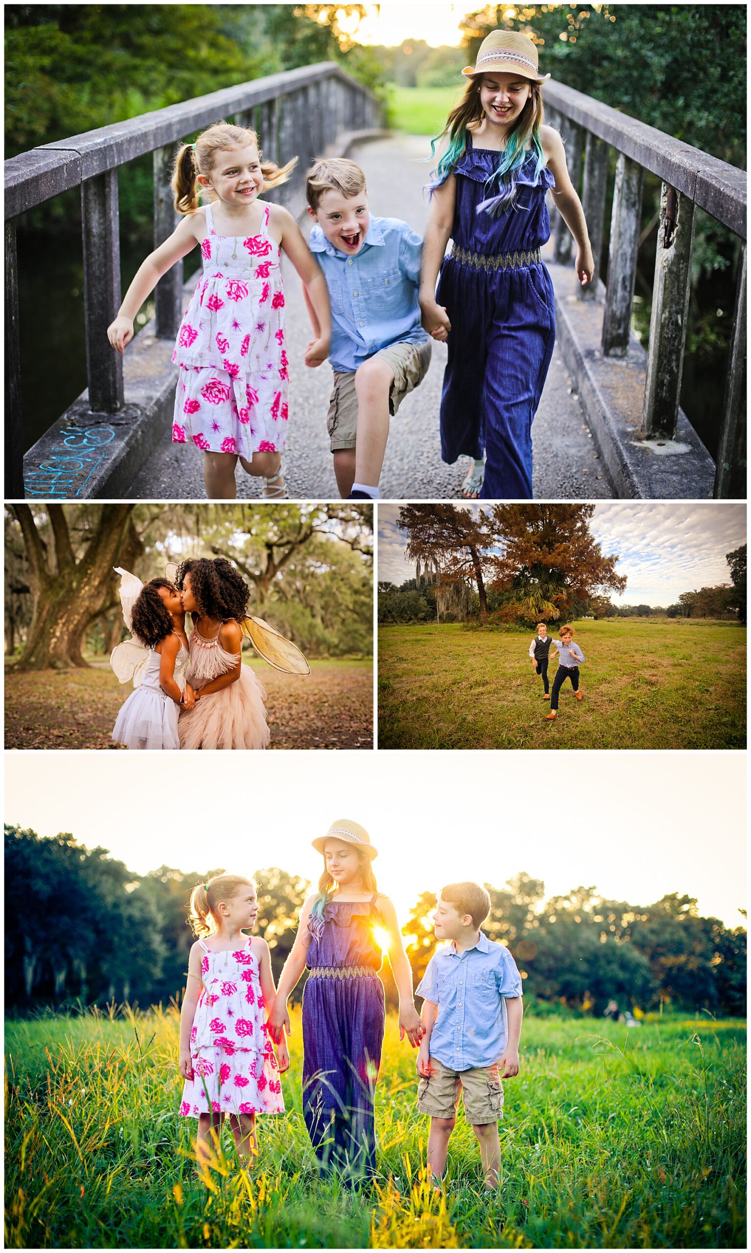 Siblings having fun together as they run over a bridge in City Park in New Orleans, La. for family photos. 