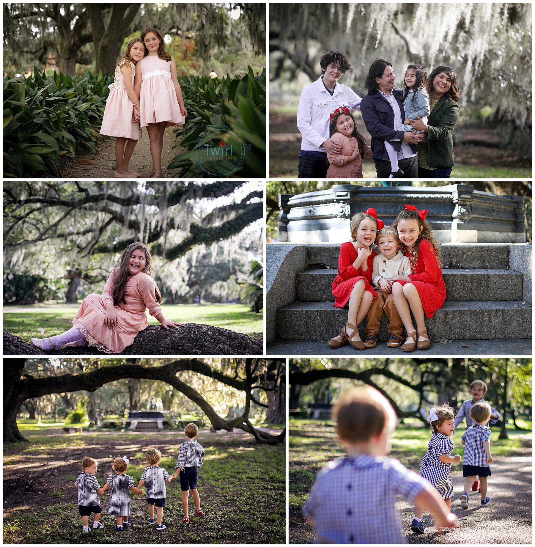 Several family photos under large oak trees in City Park in New Orleans, La. 