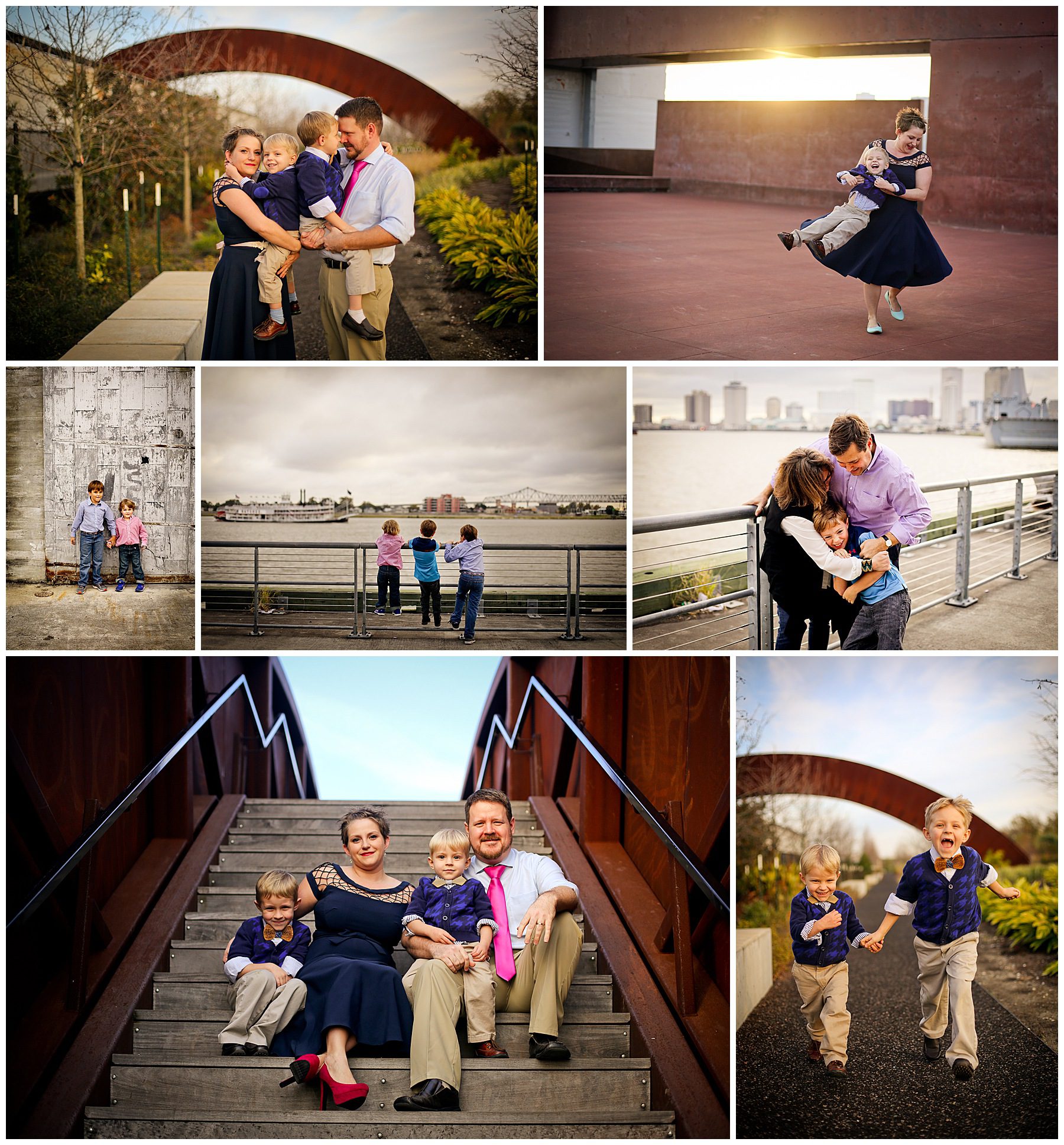 Family Photos at Crescent Park in New Orleans showing a family playing together.