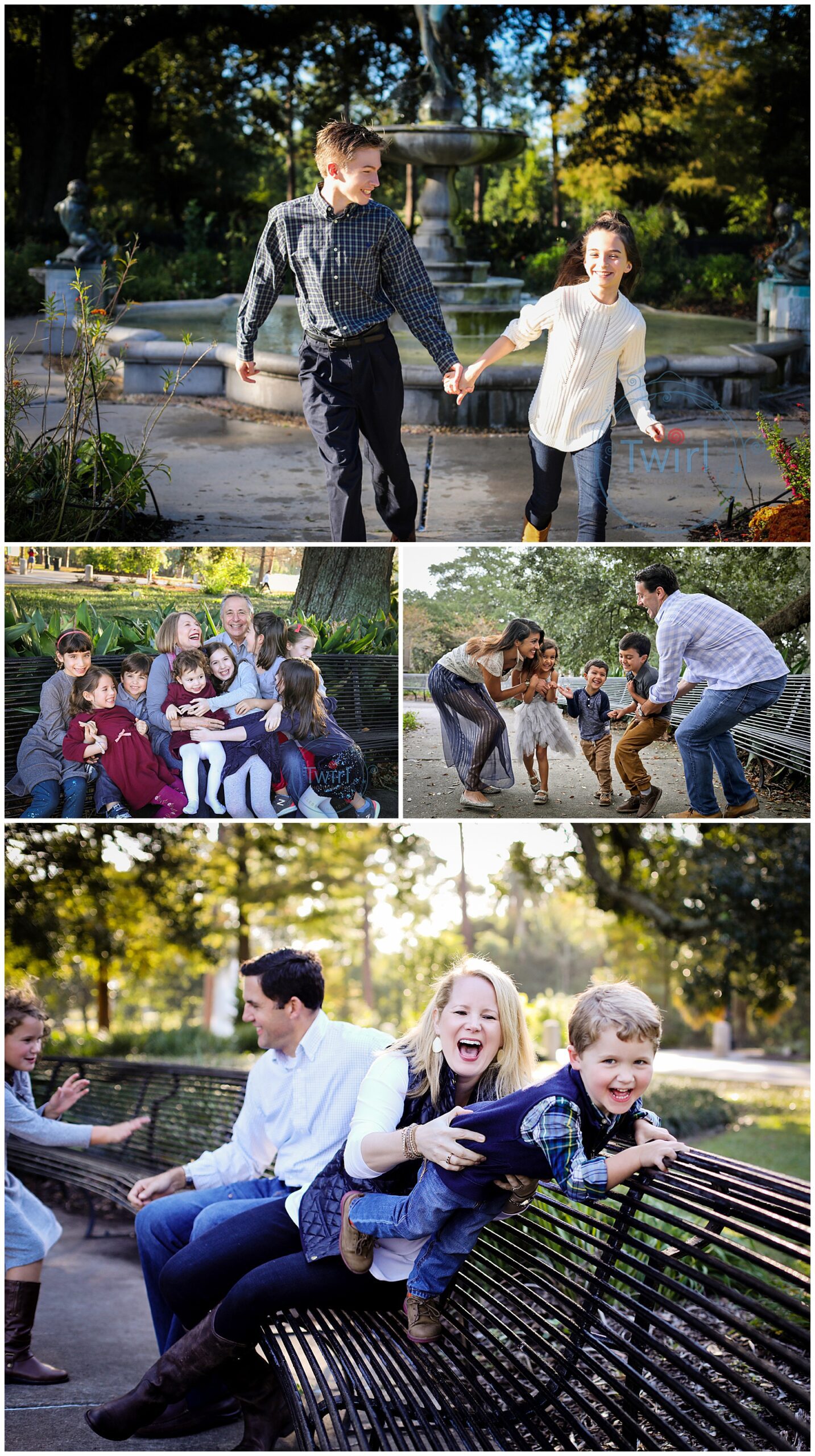 Families laughing and running together during a photo session in Audubon Park.