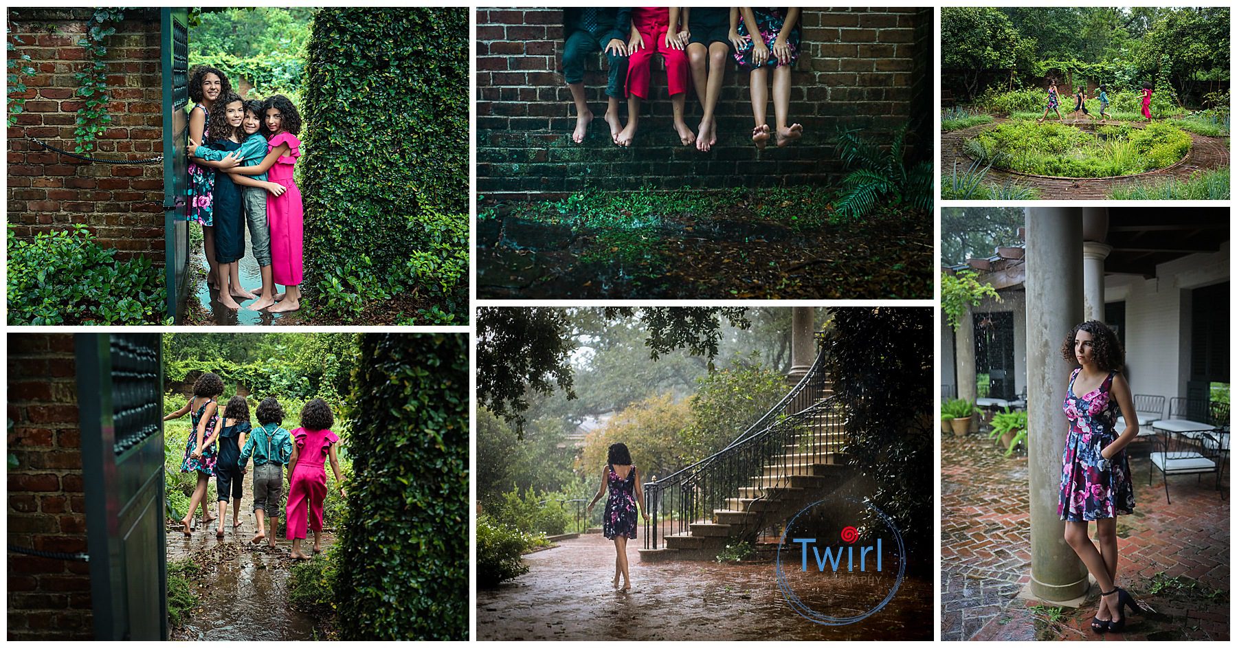 A rainy day family photography session at Longue Vue House and Gardens