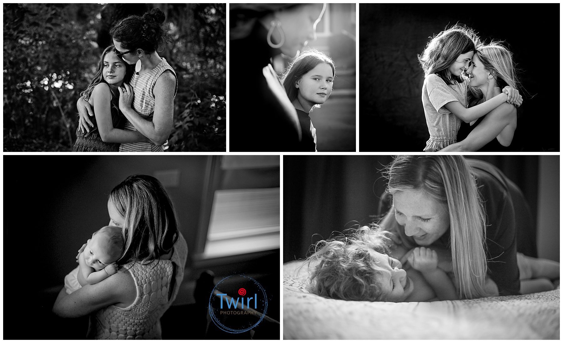 Black and white portraits of moms embracing their children in New Orleans