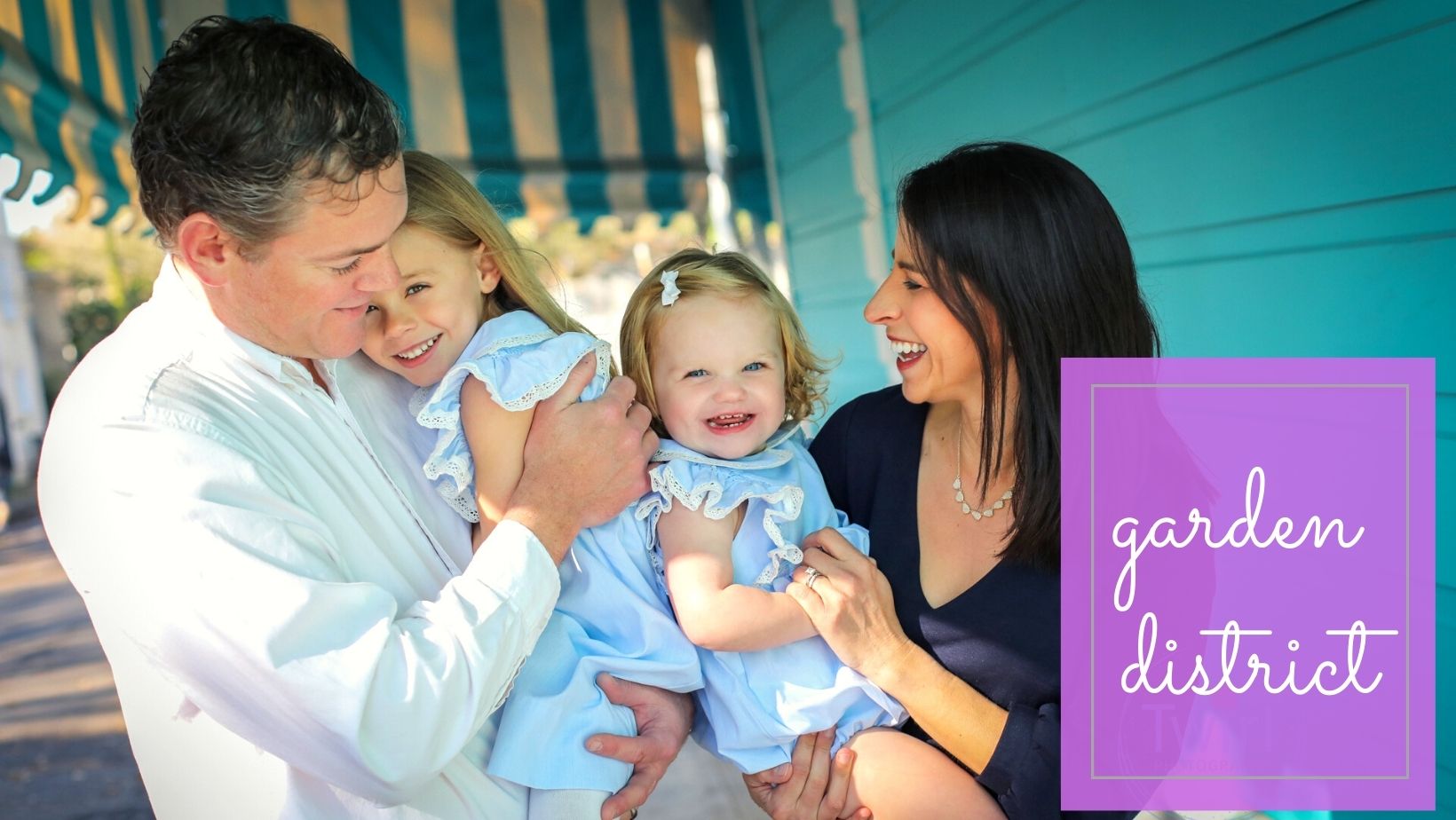 A family laughing under the bright blue awning of Commander's Palace for a location guide story on the Best Spots in New Orleans for Family Photos by Twirl Photography.