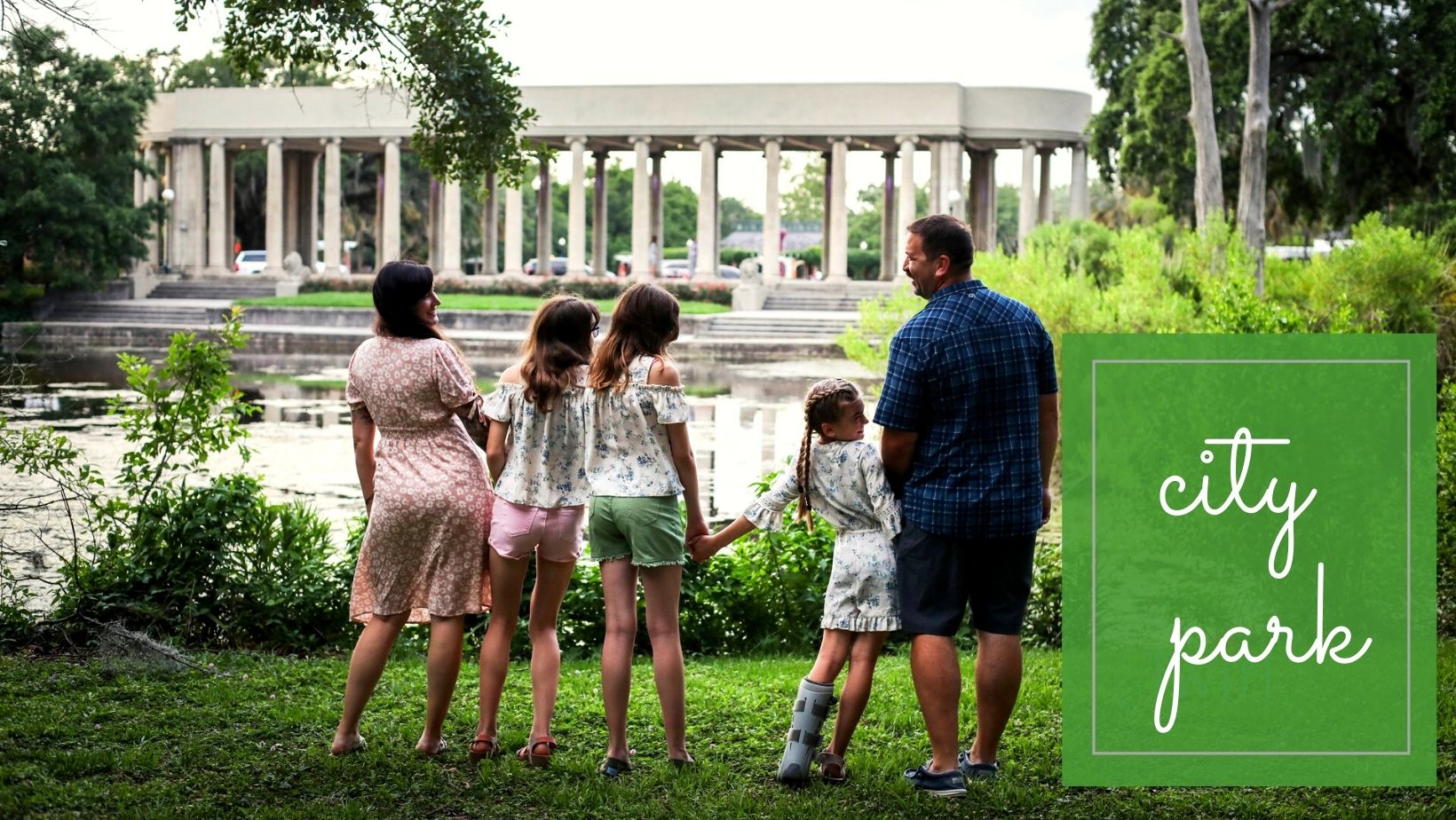 A family looking out at water in City park for a location guide story on the Best Spots in New Orleans for Family Photos by Twirl Photography.