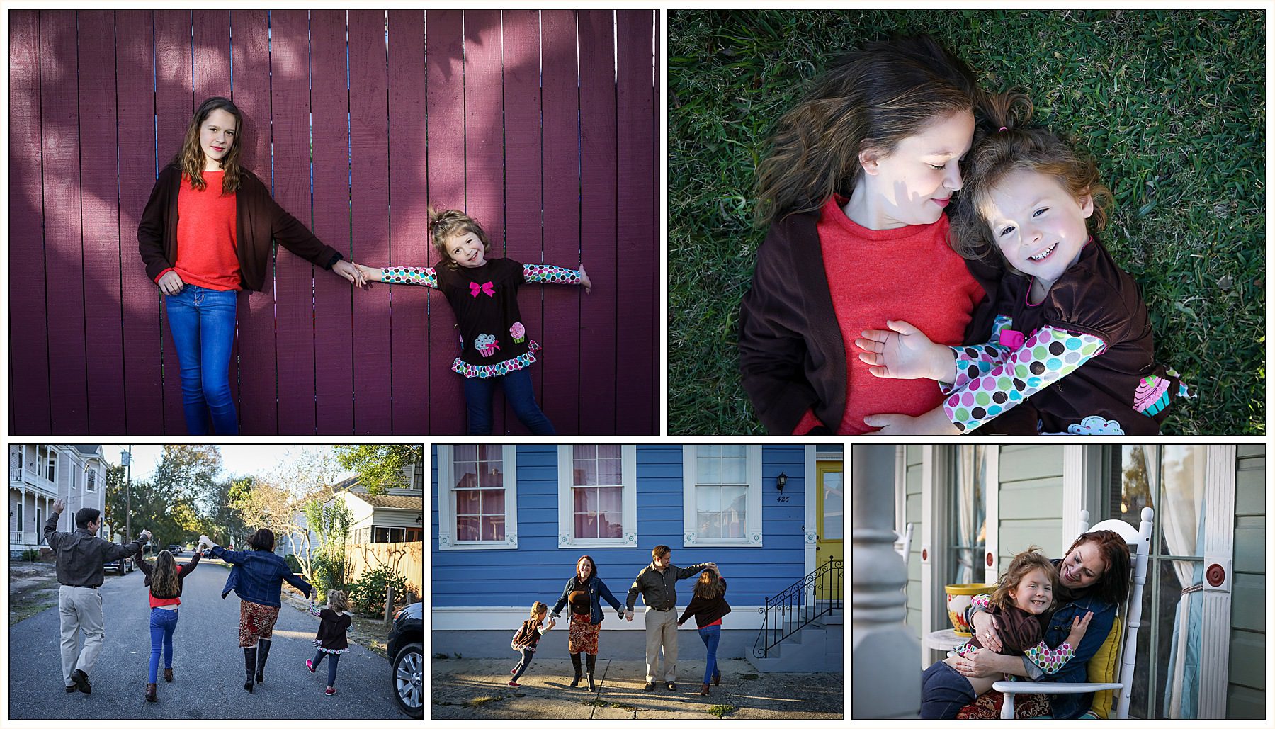 A family of four posing in their Algiers Point neigborhood for a location guide story on the Best Spots in New Orleans for Family Photos by Twirl Photography.