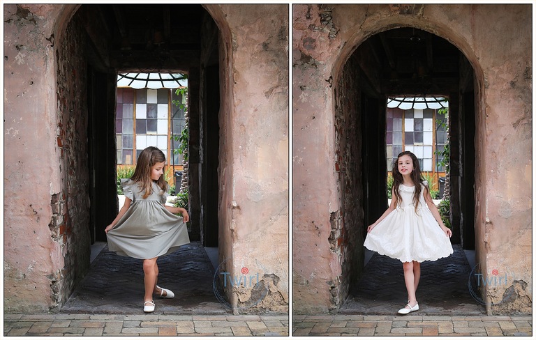 Two young girls pose for portraits at Race and Religious, a historic home in New Orleans.