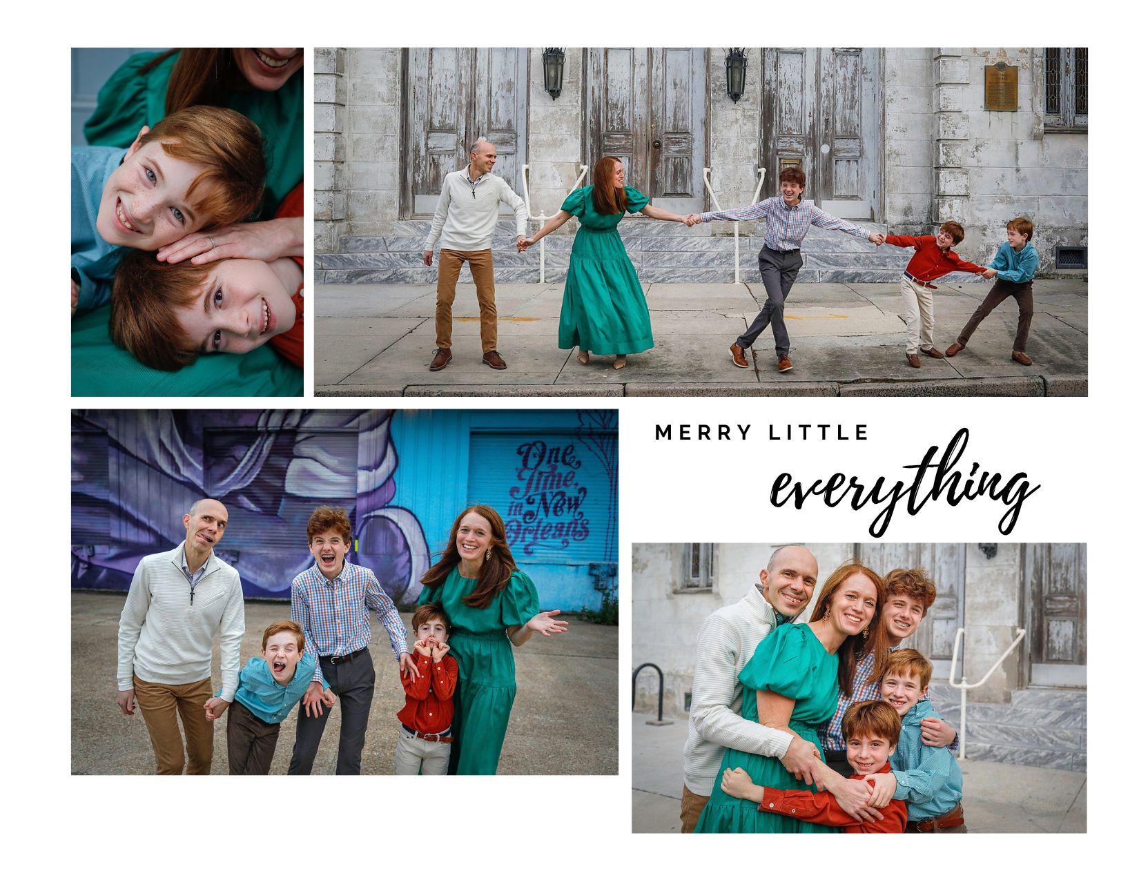 Multiple pictures of a family for a holiday card in New Orleans.