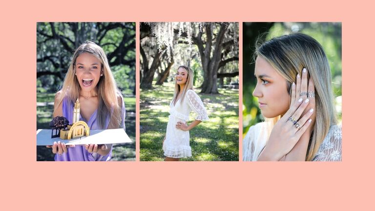 A senior in her cap and gown and a dress in City Park in New Orleans taking senior photos.