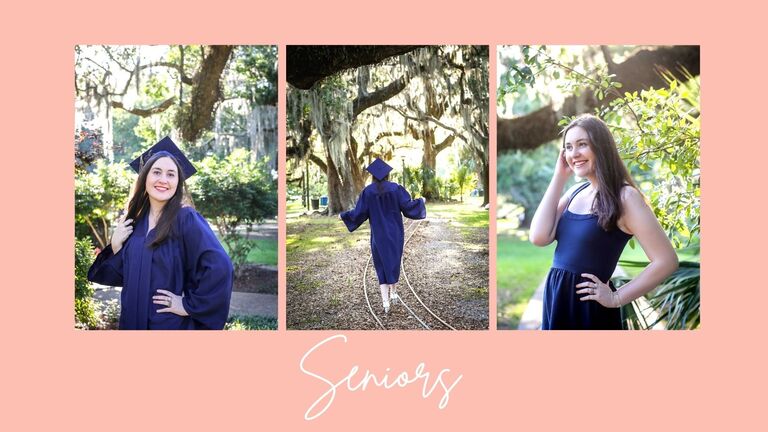 A senior in her cap and gown and a dress in City Park in New Orleans taking senior photos.