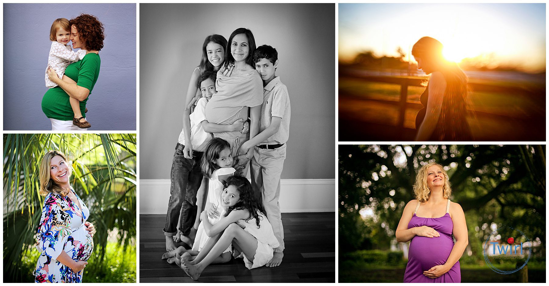 Several images of pregnant women in colorful locations for 5-tips for maternity portraits in New Orleans story.