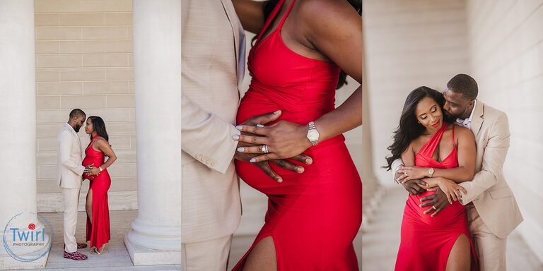 A husband and wife holding the wife's pregnant belly while waring a red maxi maternity dress for maternity photos in New Orleans.