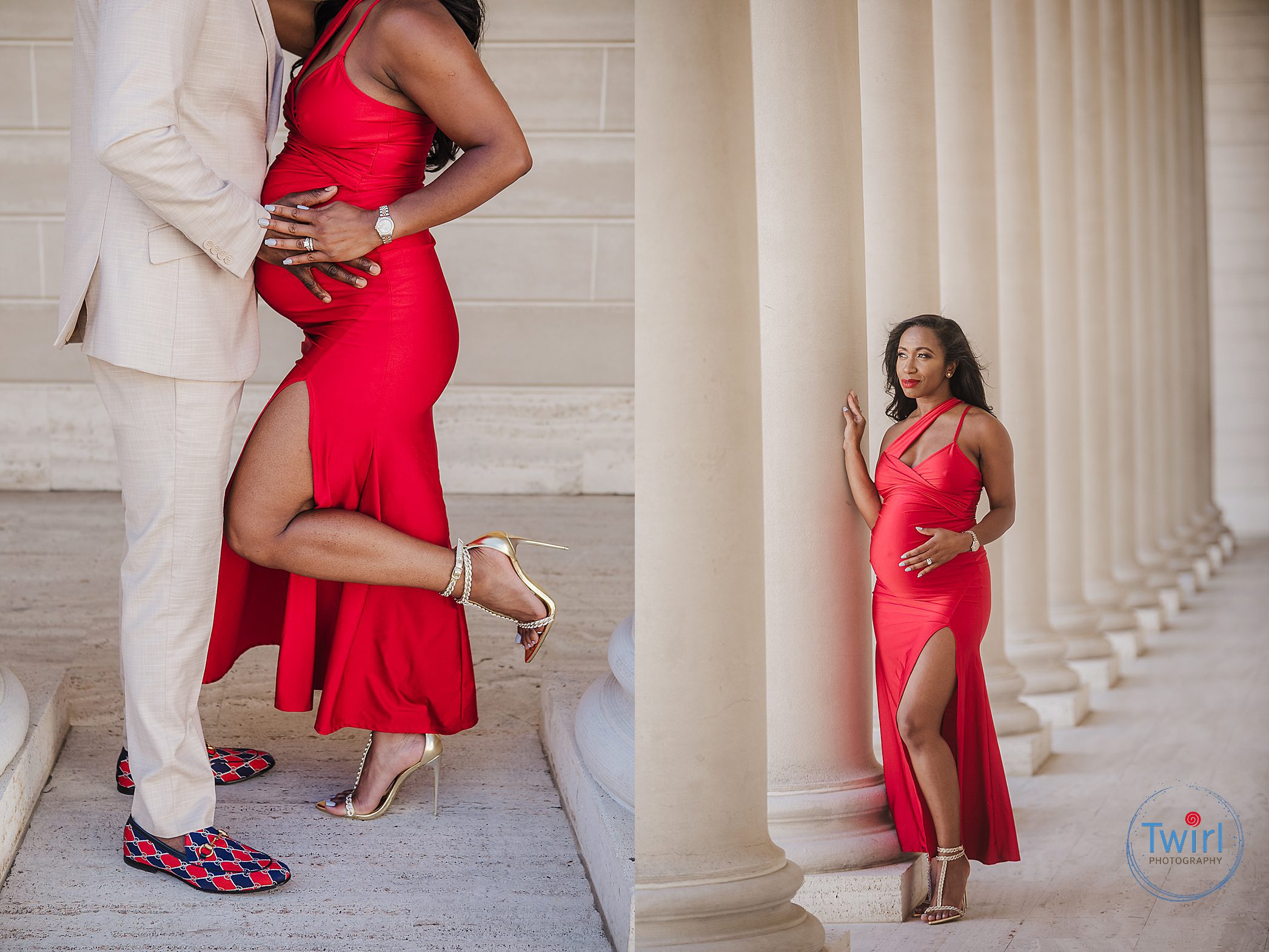 A pregnant woman in a red dress and heels with her husband who is wearing red and blue shoes for a maternity photo session in New Orleans. 