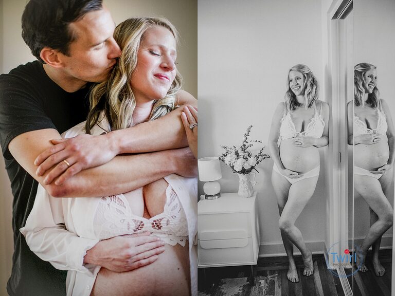 A husband and wife hugging during maternity photos at a their home.