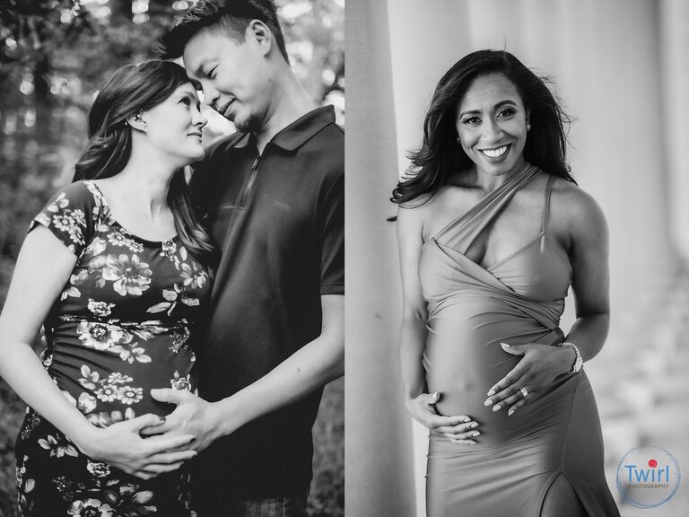 Two options for what to wear for maternity photos, one mom wearing a print maternity dress and another wearing a solid color maternity dress. 