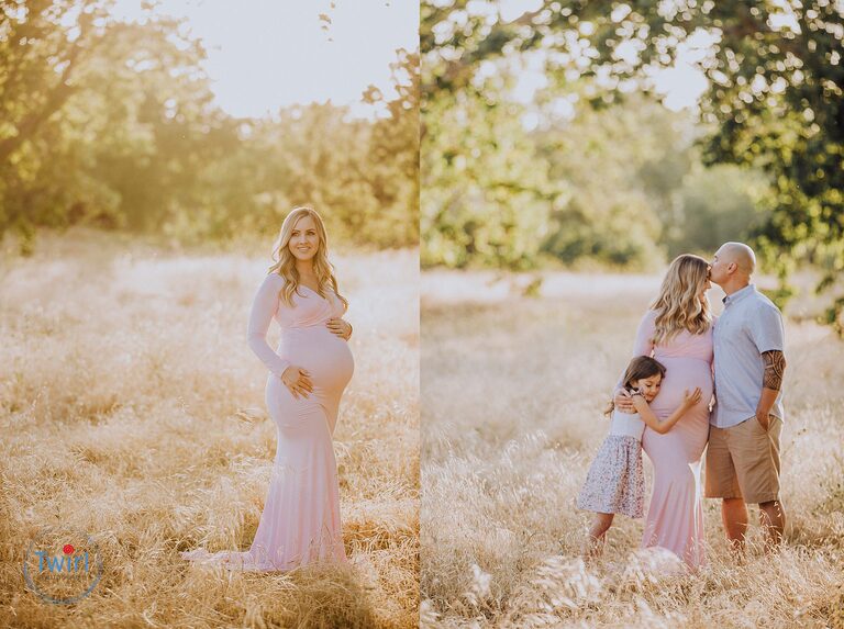 A pregnant woman and husband and child with a pink maternity dress in the fields for maternity photos in New Orleans.