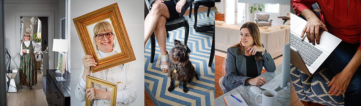 Several portraits of women holding coffee, frames, computers and a dog as they get business portraits taken in New Orleans for an article about how to feel comfortable in front of the camera.