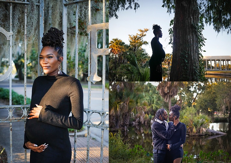 A woman with her hair up and a maxi black dress showing her baby bump in maternity photos in New Orleans.
