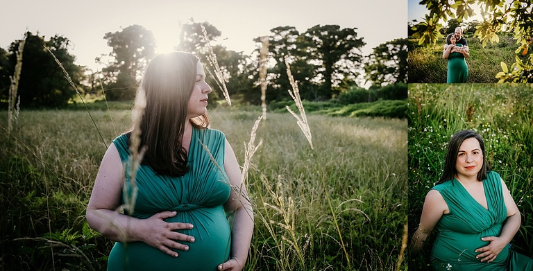 A pregnant woman looking off into the distance as she holds her baby bump in a green dress in a field in New Orleans.
