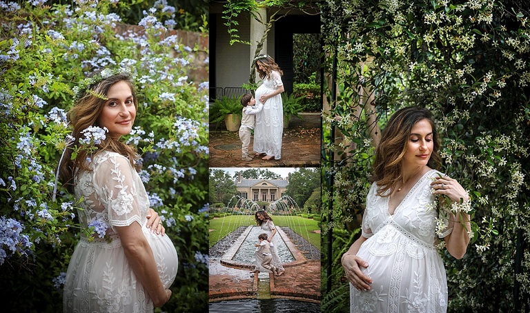 Several pictures of a pregnant mom in a white dress with her oldest son playing and posing in a garden for a New Orleans maternity photographer.