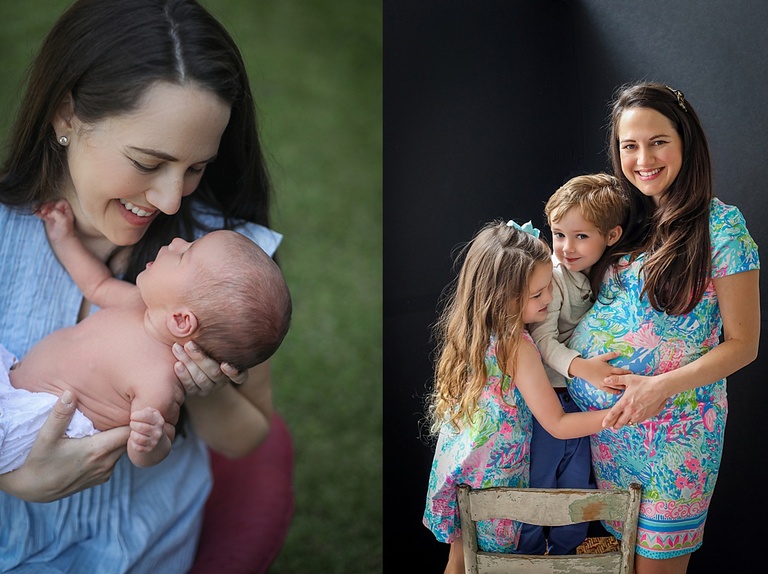 A pregnant mom with her oldest children posing for maternity photos and then with her newborn child for newborn photographer in New Orleans. 