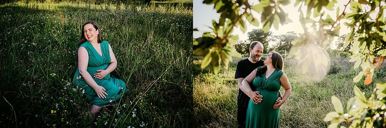 A pregnant woman in a green dress posing with her husband in New Orleans City Park for a maternity photographer.