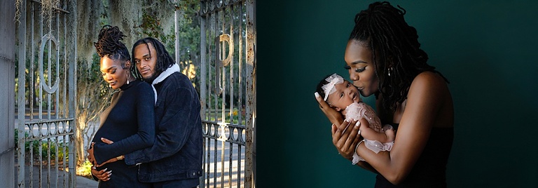 A prenant mom and dad posing in New Orleans City Park for maternity photos and then again with her newborn baby. 