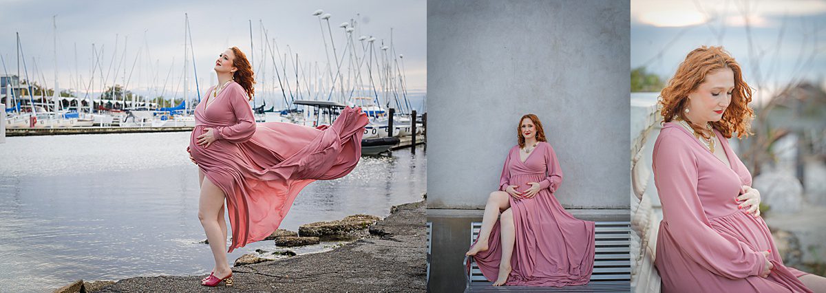 Three pictures of a pregnant woman wearing a pink dress from Amazon during her maternity pictures in New Orleans.