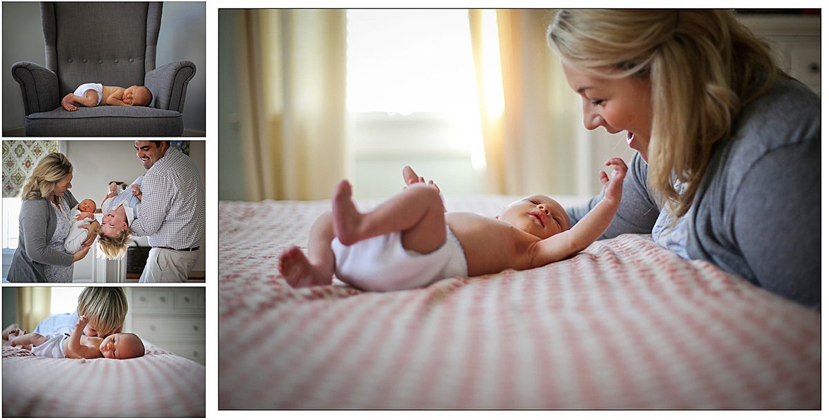 Several pictures of a newborn baby, older brother and mom and dad at their home during a New Orleans lifestyle newborn session by Twirl Photography.