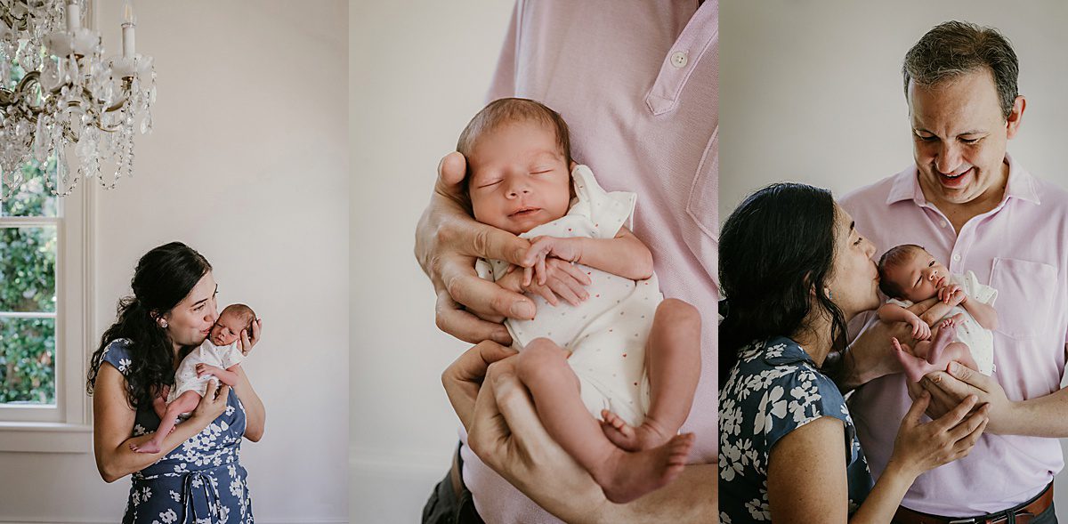 Three pictures of a mom with a newborn, mom and dad with a newborn, and close up of baby with dad's hands in the baby's nursery during in home New Orleans lifestyle newborn session with Twirl Photography.