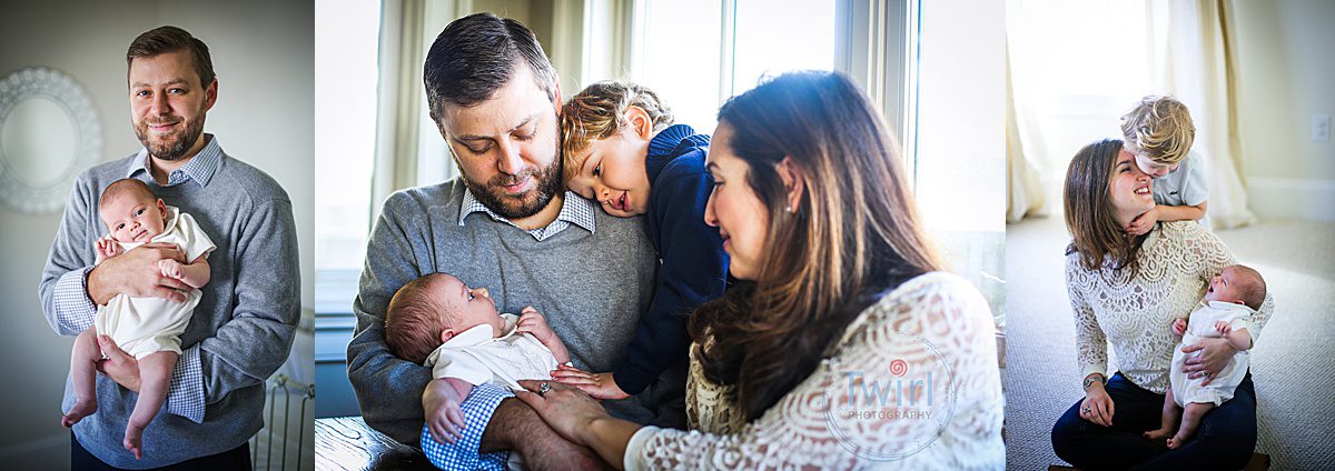 Three pictures of a dad with a newborn, mom and dad with a newborn and older toddler son, and mom with her two sons (including newborn) in the baby's nursery during in home New Orleans lifestyle newborn session with Twirl Photography.