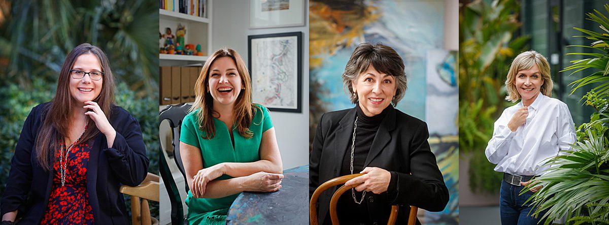 Four photos of business women wearing blazers, dresses and a dress shirt for a style guide on what to wear for professional headshots in New Orleans. 