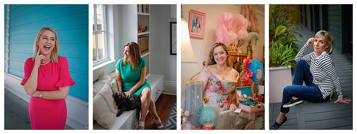 Four photos of business women wearing bright colors and patterns for a style guide on what to wear for professional headshots in New Orleans. 