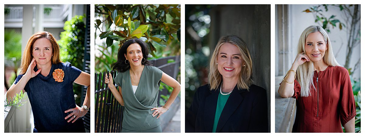 Four photos of business women wearing simple jewelry for a style guide on what to wear for professional headshots in New Orleans. 