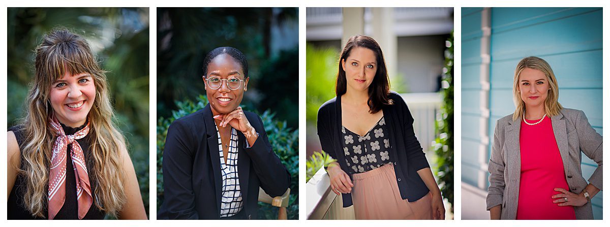 Four photos of business women wearing scarfs, simple jewelry and blazers for a style guide on what to wear for professional headshots in New Orleans. 