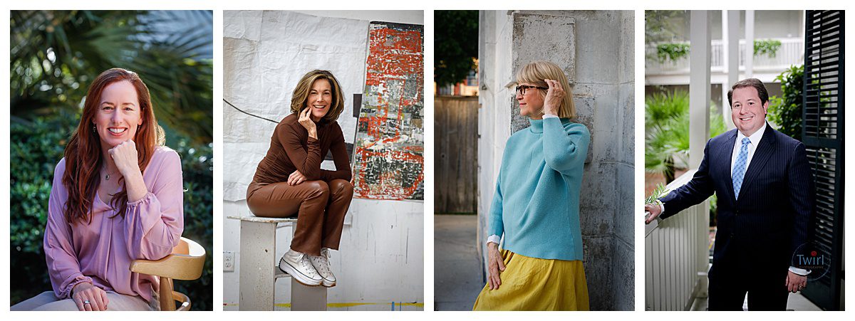 Four photos of business women and a man wearing outfits that fit their business from artist to lawyer for a style guide on what to wear for professional headshots in New Orleans. 