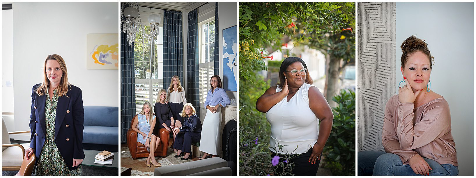 Four photos of business women wearing bright colors and patterns for a style guide on what to wear for professional headshots in New Orleans. 