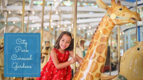 A girl wearing a red dress on a giraffe on a carousel smiling.