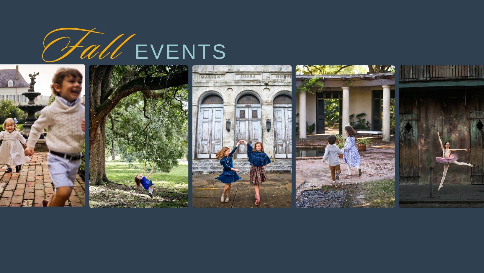 Several pictures of families in unique New Orleans locations for fall mini photo sessions with Twirl Photography.