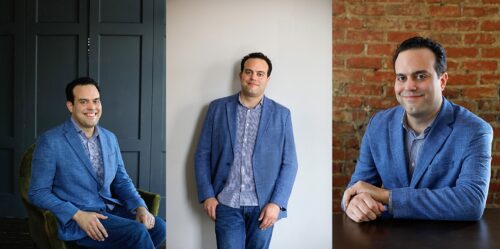 a collage of a man in a blue suit