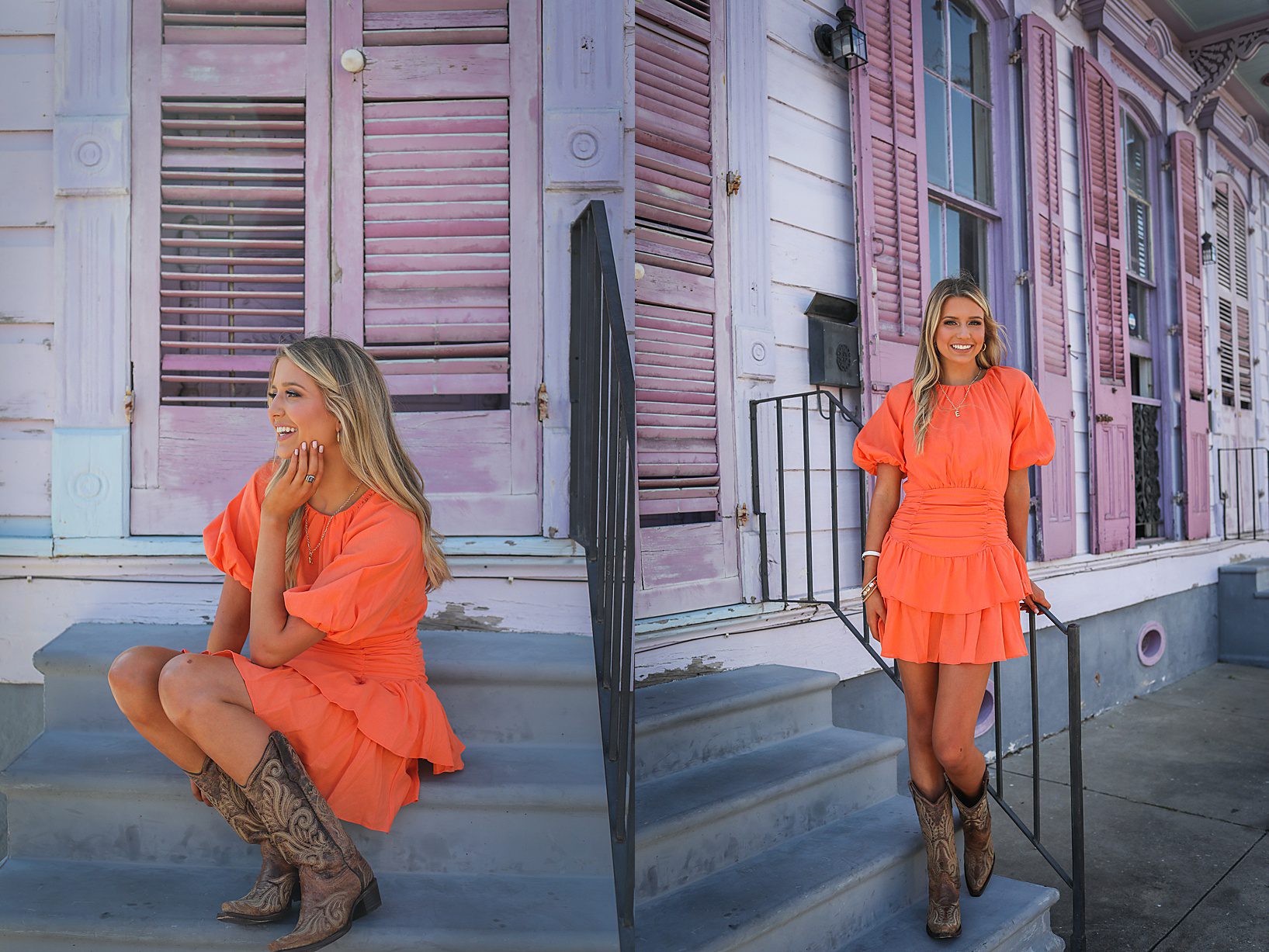 A woman in an orange dress and cowboy boots on a brightly colored stoop and pink house in New Orleans for senior portraits.