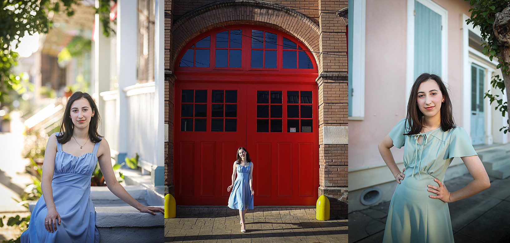 A high school senior girls posing for portraits in front of a red fire house door in a vintage dress. The Perfect Outfit for Senior Portraits