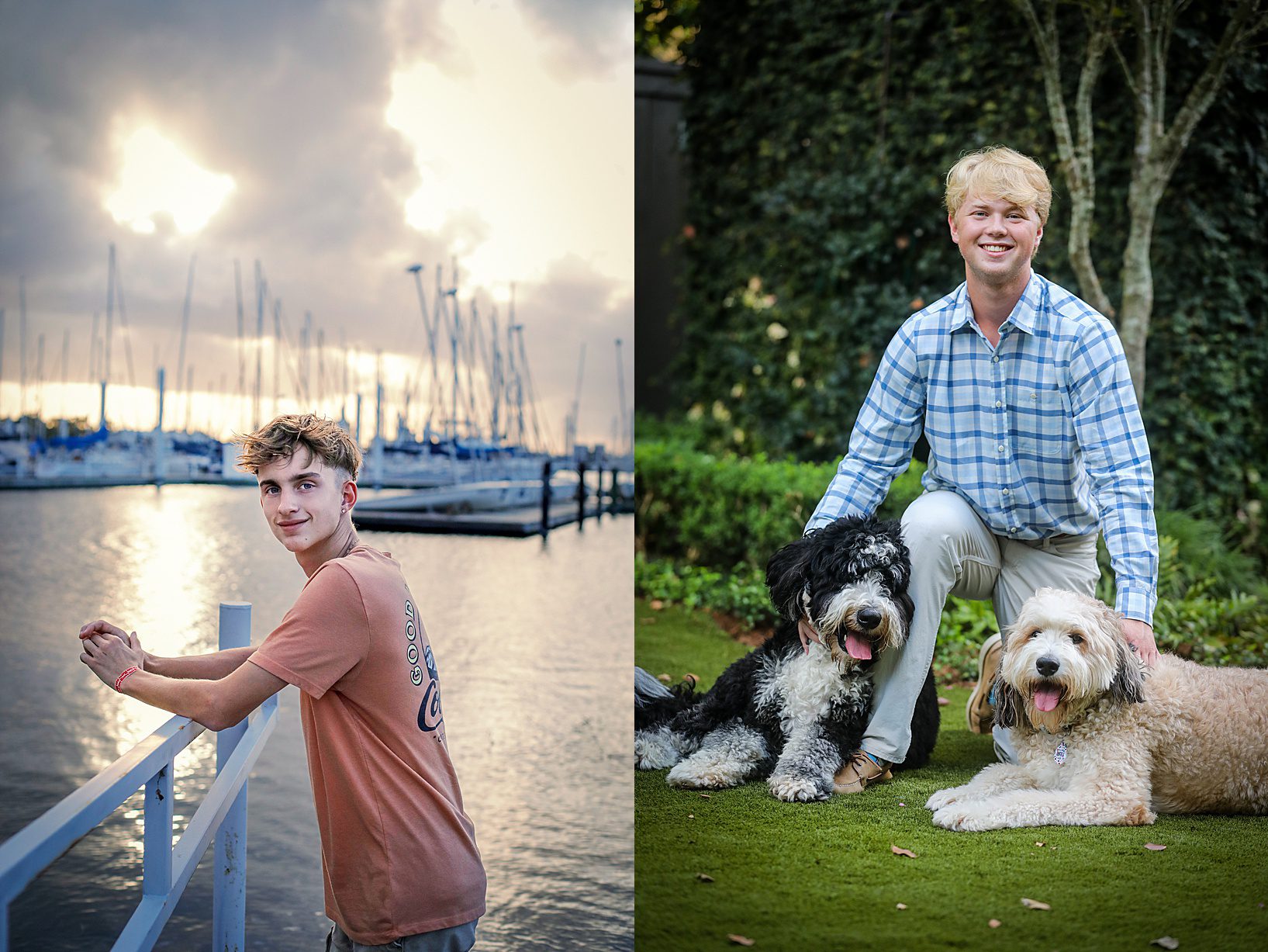 Two pictures of high school senior boys posing for senior photos. One in front of a lake at sunset and one with his two dogs in the green backyard of his home.
