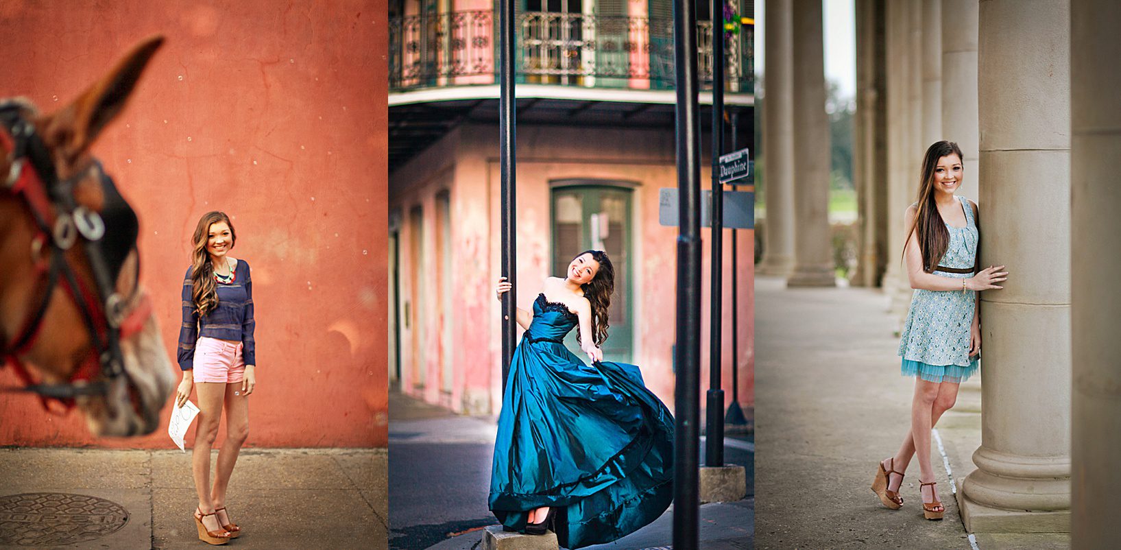 3 photos of a senior student wearing different outfits as she is photographed for the perfect outfit for senior portraits in New Orleans.