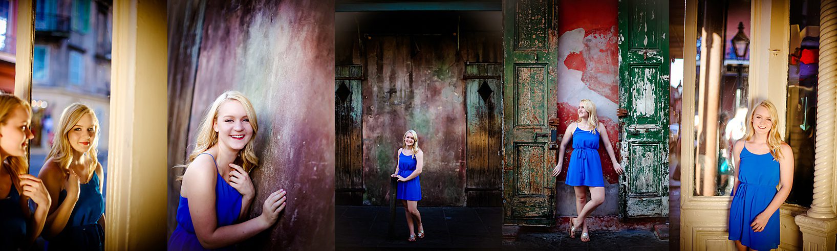 A high school senior girl posing in the French Quarter wearing a blue dress in front of jewel colored buildings for a story about the perfect outfit for senior portraits.