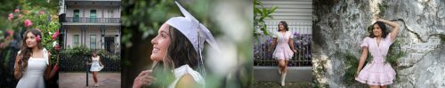 Several pictures of a senior wearing her senior cap in a lush garden neighborhood of New Orleans.