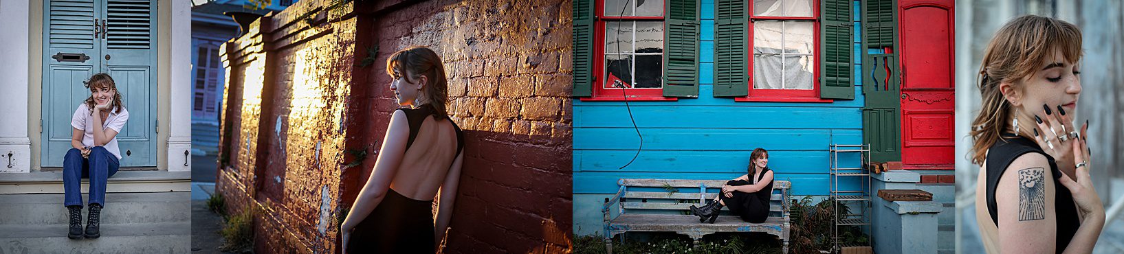 A young high school age girl posing in front of the bright houses of the Bywater for senior portraits in New Orleans.