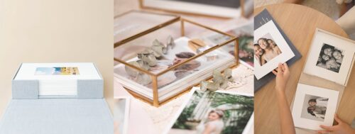 Three pictures of print boxes, glass and linen for a story about how to display family portraits in your home.